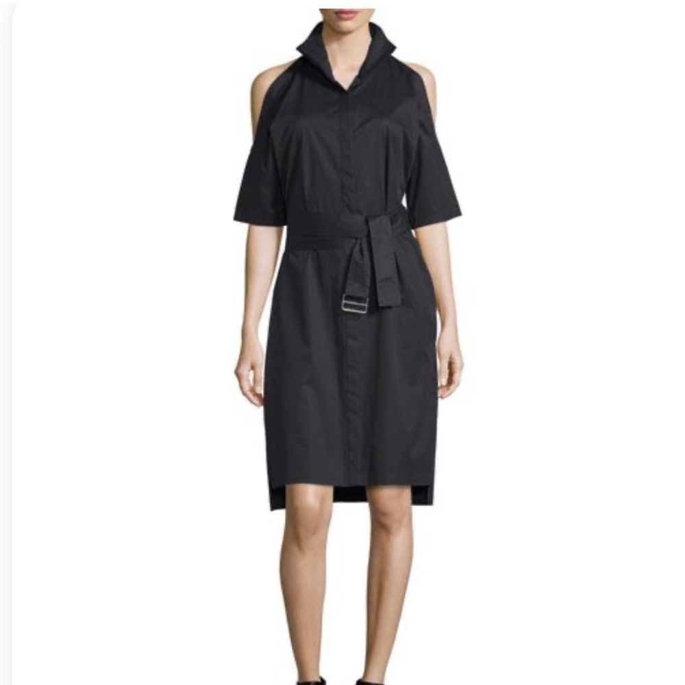 DKNY Black Cold Shoulder Cotton Shirt Dress With Belt, Size L